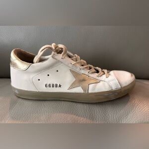 Men's Super-Star Golden Goose sneakers w/ gold sparkle foxing & lettering, SZ 39